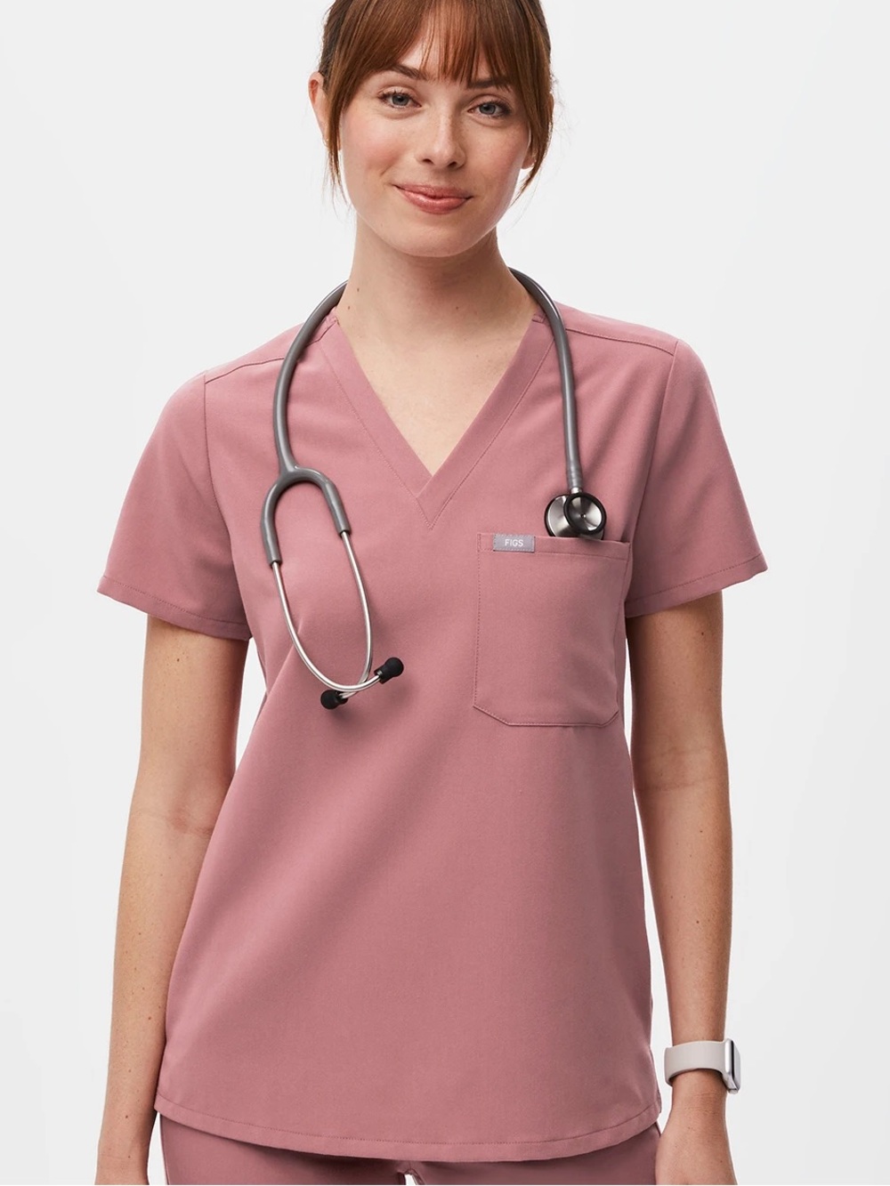 FIGS Women's V-Neck Scrub Top in Dusty Rose